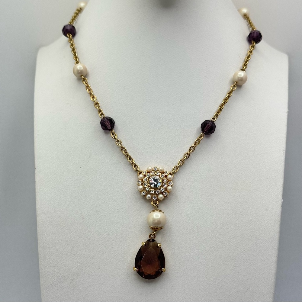 Carolee Gold Crystal Beads Lucite Center Faux Pearl Drop Necklace Vintage Style
